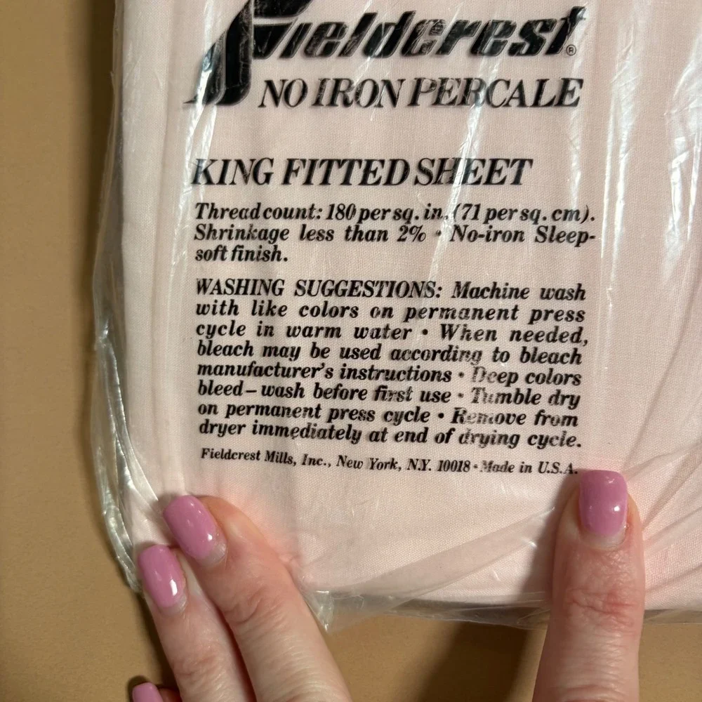 Fieldcrest King Fitted Sheet Pink No Iron Percale 180TC Made in USA Vintage